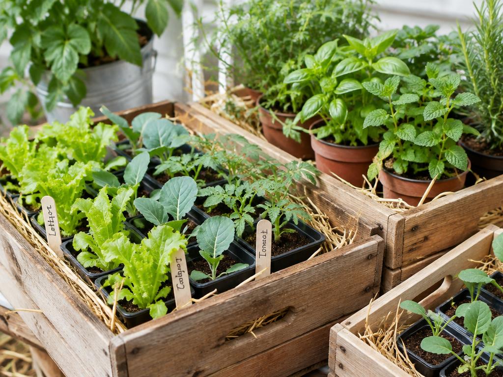 Plantas hortícolas em caixas de madeira